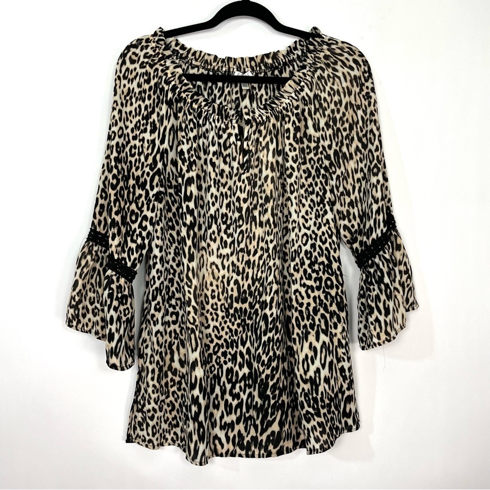 Spense Leopard Animal Print Ruffle 3/4 Sleeve Keyhole Fromt Blouse Sz Medium